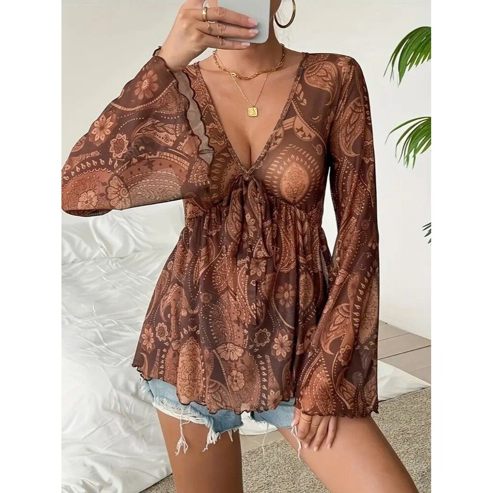 Women's Boho Paisley Sheer Mesh Baby Doll Peplum Blouse Bell Sleeve Whimisgoth